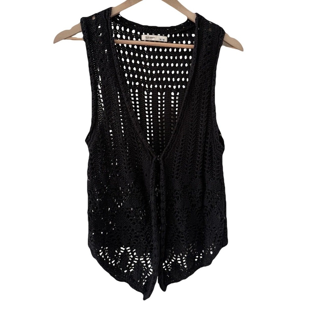 Old Navy Crochet Knit Vest Medium M Black Cotton Open Weave Boho Sleeveless